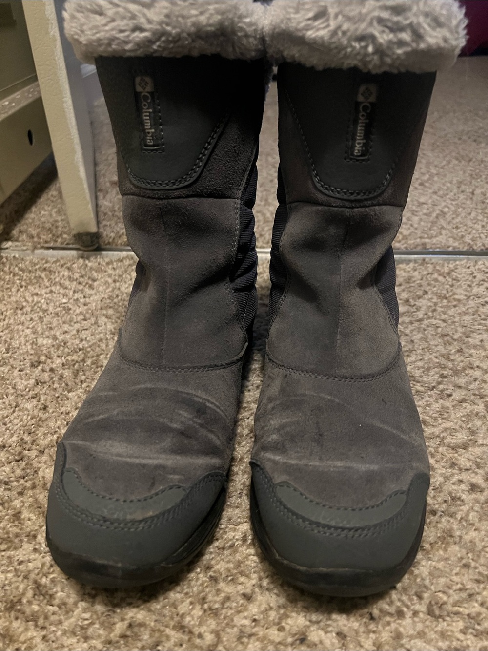 Columbia Dark Gray Suede Winter Boots with White Faux Fur Cuff
